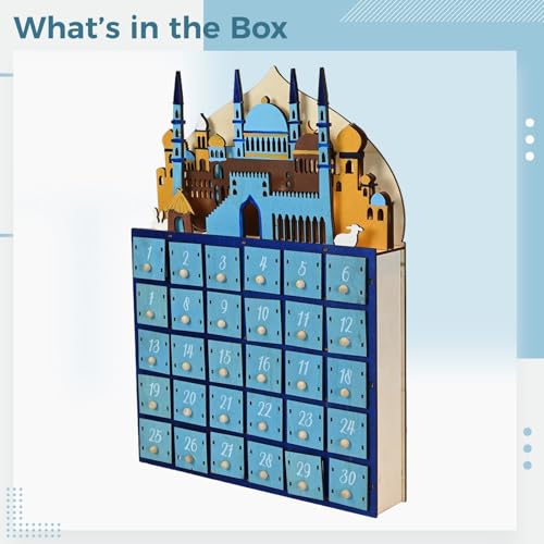 30-Drawer Wood Ramadan Advent Calendar With Led Lights, Eid Festival Decor, Muslim Style Religious Decoration, 11 X 2.2 X 15.4 In Countdown Calendar, Bedroom Table Lamp