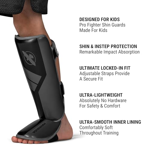 Hayabusa S4 Kids Shin Guards, Muay Thai, MMA, Kickboxing, Martial Arts - color: Black, size: Large-X-Large