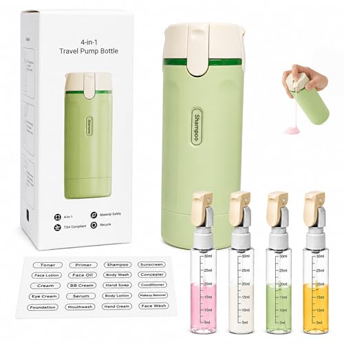 4-in-1 Travel Dispenser Bottles, 30ML Refillable Leak-Proof Toiletry Containers for Shampoo & Lotion, Portable for Airplane, Vacation, Business (Green) - color: Green