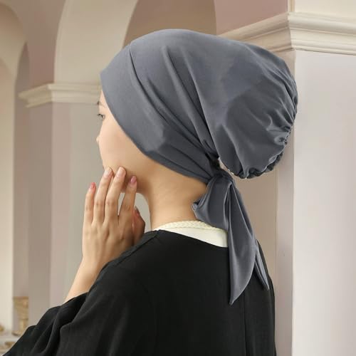 Instant Hijab Scarf Tie-Back Closure Cap Islamic Muslim Head Scarf Turban for Women - color: Dark Grey(1piece)