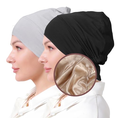 Women Under Hijab Cap Islamic Underscarf Turbans for Women Solid Color Hijab Bonnet Caps Muslim Scarf Inner Cap - color: Black+light Grey