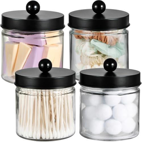 SheeChung Glass Mason Jar Qtip Holder, Black Stainless Steel Lids, 4 Pack | Clear Apothecary Jar Canisters Set,Bathroom Jar Dispenser,Vanity Storage Organizer for Cotton Swab,Ball,Floss,Farmhouse Decor - color: Black, size: 4 Pack