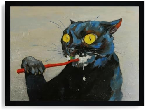 ICHZUMW Framed Funny Black Cat Bathroom Decor Canvas Wall Art, 12x16 Inches - color: Toothbrush Cat, size: 16"L x 12"W
