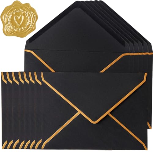 30 Pack Thick 5x7 Envelopes with Gold Border, A7 Thick Paper Greeting Cards Envelopes with Stickers for Invitation (Black, 7.24x5.24 inches) - color: Black, size: 7.24x5.24 inches