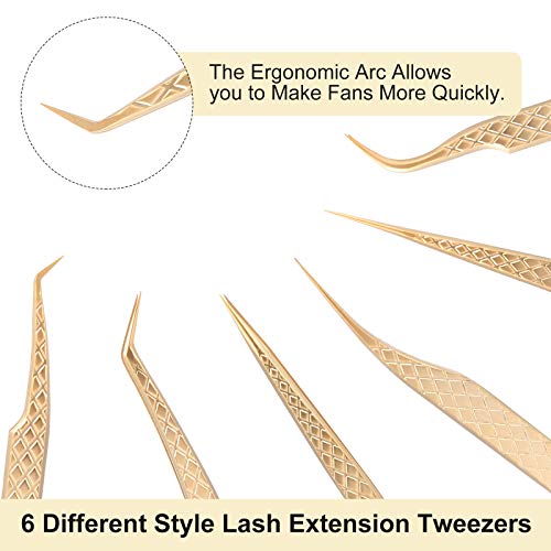 FEITA Eyelash Extension Tweezer Set Gold Lash Applicator Tool - Precision Lashes Diamond Grip Tweezers for 2D-6D Volume & Individual Eyelashes Extensions Supplies (6Pcs) - color: Gold Diamond-grip 6pcs