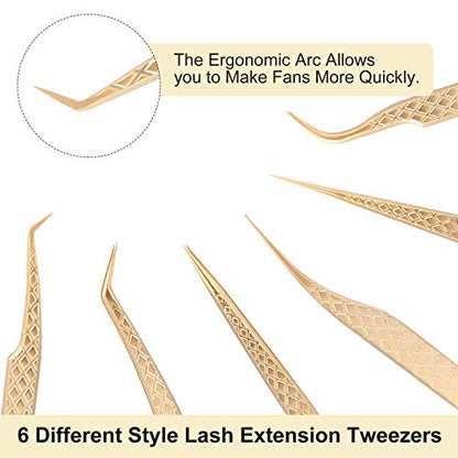 FEITA Eyelash Extension Tweezer Set Gold Lash Applicator Tool - Precision Lashes Diamond Grip Tweezers for 2D-6D Volume & Individual Eyelashes Extensions Supplies (6Pcs) - color: Gold Diamond-grip 6pcs