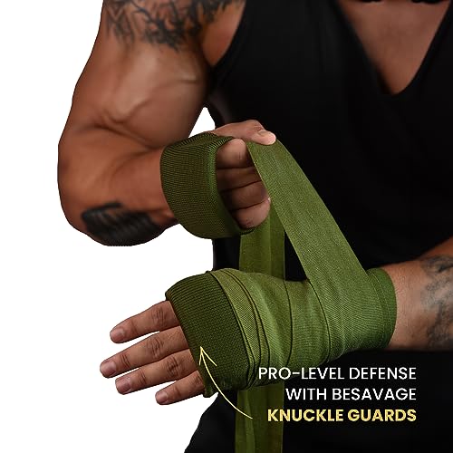 BeSAVAGE Hand Wraps 180 Inch Elastic Boxing Bandages with Knuckle Guards for Muay Thai, MMA, Kickboxing, Martial Arts, Punching Bag Training - Wrist & Knuckle Protection for Men, Women, Youth