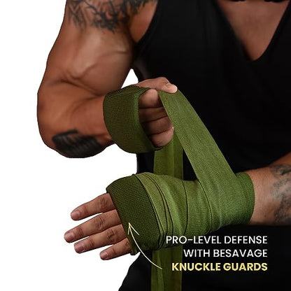 BeSAVAGE Hand Wraps 180 Inch Elastic Boxing Bandages with Knuckle Guards for Muay Thai, MMA, Kickboxing, Martial Arts, Punching Bag Training - Wrist & Knuckle Protection for Men, Women, Youth
