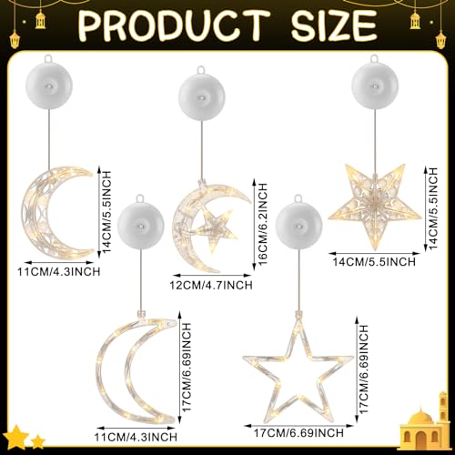 Tujoe 5 Pcs Ramadan Decorations Lights Eid Mubarak Moon Star Window Light LED Battery Powered Islam Window Silhouette Light Islamic Muslim Ramadan Hanging Decor for Wall Home Baby Room Outdoor Patio