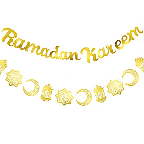2 Pieces Ramadan Kareem Banner Gold Glittery Banner Decorations and Moon Stars Lantern Garland Party Decorative Eid Festival Hanging Garlands for Home Party Supplies Ramadan