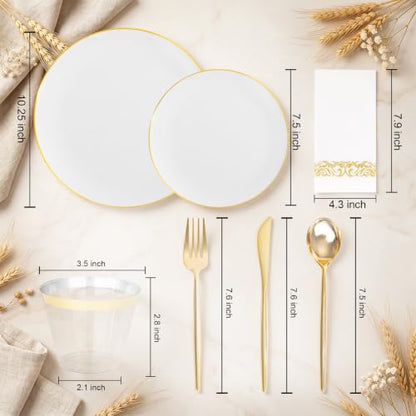 MirthMood 210Pcs Disposable Plastic Plates Set, Gold and White Plastic Party Plates, Includes:30 Dinner Plates, 30 Dessert Dinnerware, 30 Cups, 30 Napkin Cutlery for Spring Wedding,Birthday Party - color: White, size: 210
