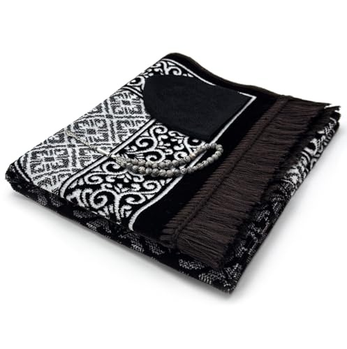 ESERRA Velvet Prayer Mat All in One Set for Islam - Thick Muslim Prayer Rug, Black Kufi Hat, Jasper Stone 33 Prayer Beads, Cotton Travel Case - Islamic Gifts (Dark Brown) - color: Dark Brown