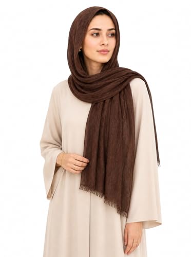 Lightweight Rayon Scarf with Cotton Linen Texture – Breathable Wrinkle Hijab, Vintage Dyed Wrap Shawl - color: Brownish Red