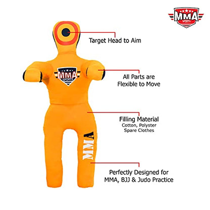 Kids Grappling Standing Dummy - Unfilled – Wrestling, Jiu-Jitsu, MMA Training Dummy with Moveable Arms and Legs – Durable Polyester Fabric - color: Yellow-Stand, size: 3 ft-36 Inch