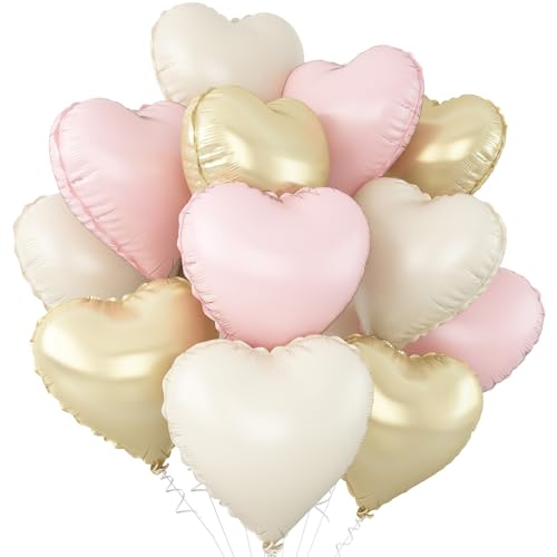 Pink White Gold Heart Foil Balloons,12Pcs 18Inch Heart Shaped Balloons - color: Pink White Gold