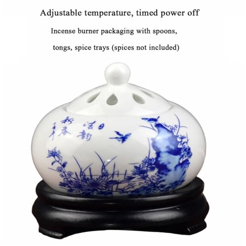 Electric Resin Burner with Timing,Ceramic Incense Burner,Frankincense Bakhoor Censer 110 V for Home Porch,Patio,Garden,Office,Yoga, Living Room, Meditation Room (White Blue)