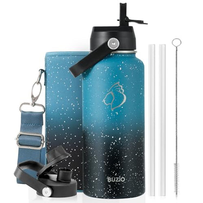 BUZIO 32 oz Water Bottle Insulated, Leakproof Stainless Steel Flask (Cold for 48 Hrs), Wide Mouth BPA-Free Metal Thermo Hydro Canteen with 2 Lids, Dappled Navy Black - color: Dappled Navy Black, size: 32 Ounces