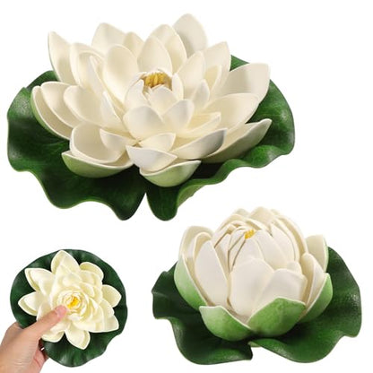 TOYANDONA 6pcs White Artificial Floating Lotus Flowers 7 Inch Lily Pads 2 Large(18cm) + 4 Small(10cm) Water Lily Pads Floating Pond Plants for Pond Pool Home Aquarium Garden Wedding Decor