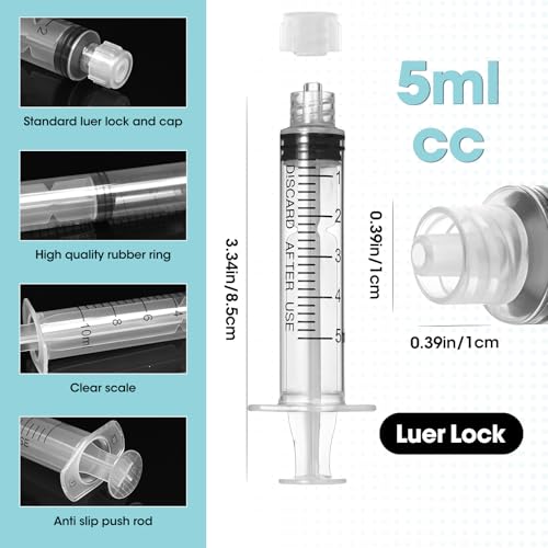 5ml Luer Lock Syringe with Cap and Soft Plastic Tube, Individually Wrapped 10 Pack, Suitable for Pet Liquids Feeding - size: 5ml - 2.0mm Tube