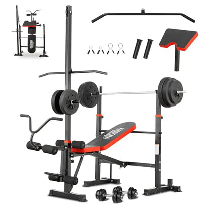 MAIDOMA Foldable 1500LBS Capacity 8 IN 1 Weight Bench Set with Leg Extension/Squat Rack/Preacher Curl, Adjustable Bench Press for Home Gym Full Body Workout (US Stock) - color: 레드