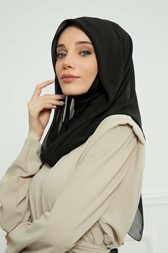 Aisha's Design Pre-tied Cotton-Chiffon Scarf for Women Practical Veil Instant Scarf Hijab Stylish Design - color: Black