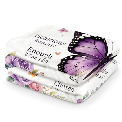 Purple Butterfly Scripture Throw Blanket, Inspirational Christian Blanket with Bible Verses, Cozy Religious Butterfly Gift Blanket for Women, 50 x 60 Inch - color: Christian Scripture Butterfly, size: 50*60IN
