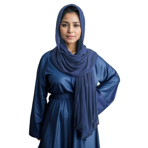 Cotton Linen Plain Hijab Scarf For Women,Muslim Viscose Crinkle Edge With Fringe,Summer Beach Wrap Headwraps Shawl - color: 55#navyblue