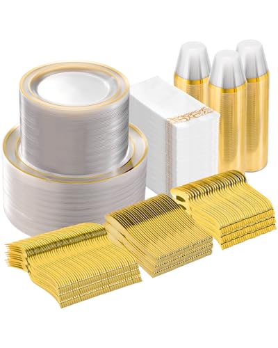 Goodluck 700 Pieces Clear Gold Disposable Dinnerware Set for 100 Guests - color: Clear Gold, style: 100 Guests