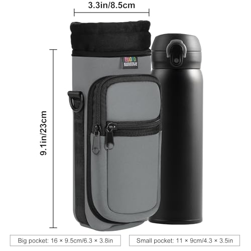 Nuovoware Water Bottle Carrier Bag, 25oz/32oz Bottle Pouch Holder, Adjustable Shoulder Hand Strap 2 Pocket Sling Neoprene Sleeve Sports Accessories for Hiking Travelling Camping, Light Gray | Adjustable Shoulder Hand Strap, 2 Pocket, Neoprene Sleeve, For