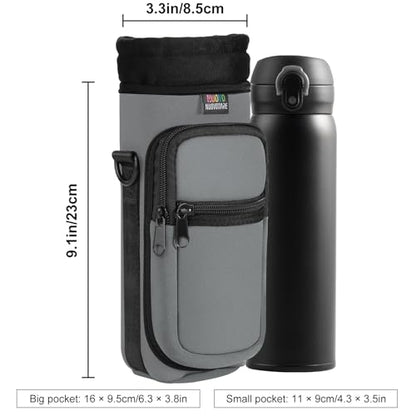 Nuovoware Water Bottle Carrier Bag, 25oz/32oz Bottle Pouch Holder, Adjustable Shoulder Hand Strap 2 Pocket Sling Neoprene Sleeve Sports Accessories for Hiking Travelling Camping, Light Gray | Adjustable Shoulder Hand Strap, 2 Pocket, Neoprene Sleeve, For