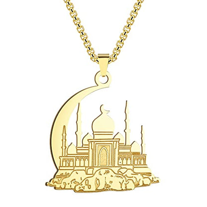 Mosque With Crescent Pendant Necklace For Women Men Muslim Jewelry 316L Stainless Steel Islamic Necklace - color: Gold