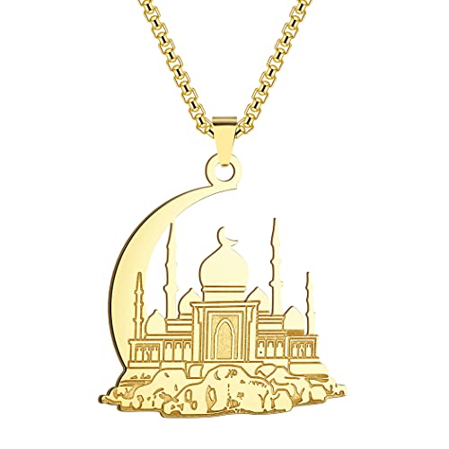 Mosque With Crescent Pendant Necklace For Women Men Muslim Jewelry 316L Stainless Steel Islamic Necklace - color: Gold