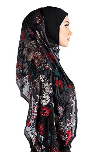 Stylish Mona Hijab Women's Black Kuwaiti with Chiffon Wrap Shawl & Satin Trim - color: Andalusia