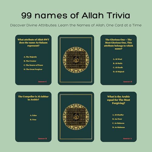 The 99 Names Allah 트리비아 카드 | 이슬람 트리비아 카드 게임 | 프리미엄 품질 | 자석 상자 | 무슬림을 위한 이슬람 선물 - style: 알라의 99가지 이름