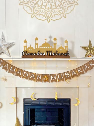Enlarged 15.7in Ramadan Table Sign - Metal Eid Mubarak Tabletop Decorations, Muslim Golden Palace Dinner Ornaments for Islamic Gifts Parties Home Kitchen, Black Letters - style: Black Letters