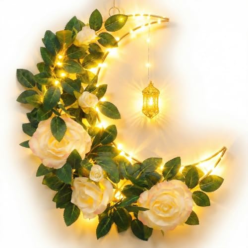 Ramadan 12.6 Inch Moon Wreath with LED Lights, Eid Mubarak Decorations for Home, Hanging Metal Crescent with Artificial Flowers & Greenery, Wall Door Decor for Ramadan Kareem Eid Celebration