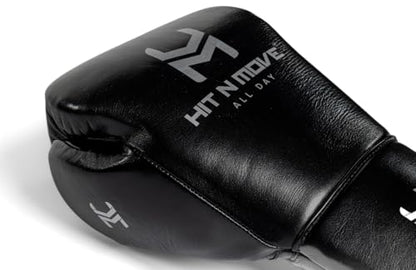 HIT N MOVE All Day Pro Balance Sparring and Bag Boxing Gloves LACE UP, Boxing Gloves Men & Women, Boxing Equipment, Sparring & Bag Gloves for Boxing, Kickboxing, Muay Thai, MMA - color: Black, size: 14 OZ