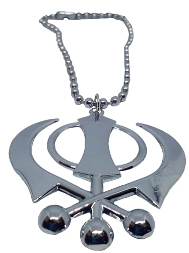 BEXCO Sikh Khanda Sahib Metal Car Hanging Rear View Mirror Show Piece - Complete with Chain (8 cm, Silver) - color: Silver, size: 8 cm