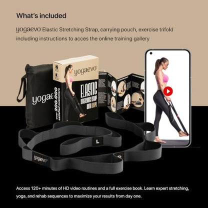 YogaEVO Stretching Strap with Loops for Physical Therapy — Yoga Strap & Resistance Band in One — Flexibility & Back Recovery — HD Video Routines Included - color: Black