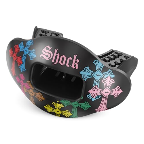 Shock Doctor Lip Guard, Adult and Youth Mouth Guard Football with Strap, Breathable Wide Opening Football Mouthpiece for Youth and Adults OSFA, Shock Doctor Mouth Guards, Max Airflow - color: Black Divine Drip