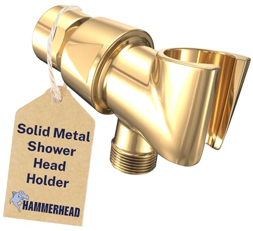 HammerHead Showers® Solid Metal Handheld Shower Head Holder - Polished Brass - Adjustable Shower Wand Holder with Universal Wall Hook Bracket and Brass Pivot Ball - Hand Held Shower Head Holder - color: Polished Brass