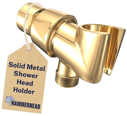 HammerHead Showers® Solid Metal Handheld Shower Head Holder - Polished Brass - Adjustable Shower Wand Holder with Universal Wall Hook Bracket and Brass Pivot Ball - Hand Held Shower Head Holder - color: Polished Brass