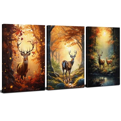 Deer Canvas Wall Art Fall Pictures Wall Decor Wildlife Animal Canvas Prints Pictures Autumn Forest Landscape Posters Woodland Elk Painting Artwork for Living Room Kitchen Home Decoration 12x16" 3Pcs - color: Fall Deer, size: 16"L x 12"W