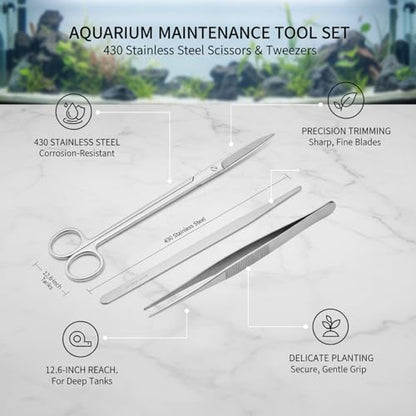 Aquarium Maintenance Tool Set - 430 Stainless Steel Long Reach Scissors, Tweezers & Sand Shovel for Fish Tanks - size: 9.84 x 1.18 x 0.24 in