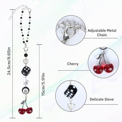 Cherry Car Charm - Silver Black 8 Ball Dice with Beads Rear View Mirror Charms Cars Accessories, Interior Y2K Aesthetic Hanging Ornament Pendant for Women Men - style: Cherry