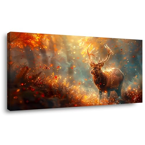 Palderwallart Beautiful Pretty Deer Animal Landscape Wall Art for Living Room Office Nature Forest Scenery Gold Painting Prints Autumn Fall Scenic Canvas Artwork Over the Couch Dining (20x40 Inches) - color: Golden Deer Wall Art (Y854), size: 40"L x 20"W