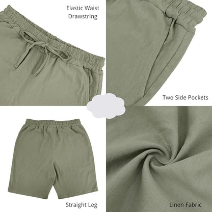 Linen Cargo Shorts for Men 2025 Summer Casual Elastic Waist Drawstring Lightweight Workout Beach Shorts with Pockets Light Green S