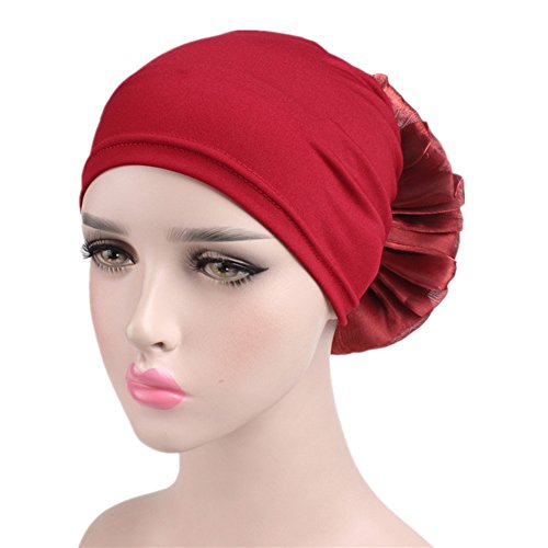 Women Flower Elastic Turban Beanie Head Scarf wrap Chemo Cap hat for Cancer Patient - color: Red