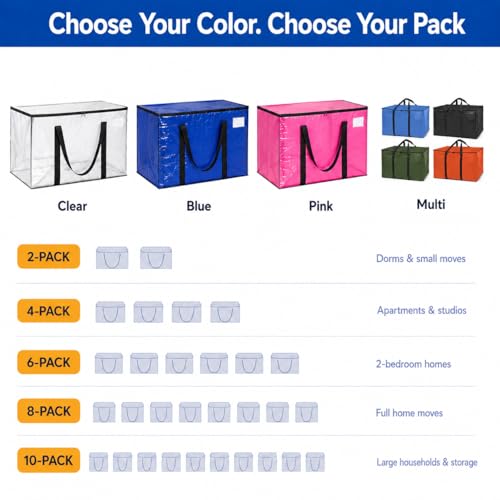 ClearSpace Heavy Duty Moving Bags - Water Resistant Storage Bags with Backpack Straps, Zippers and Handles - Large Moving Boxes for College Dorm, Travel, Closet Organization - 6 Pack, Clear | Heavy-duty moving bags with backpack straps, zippers, and handl