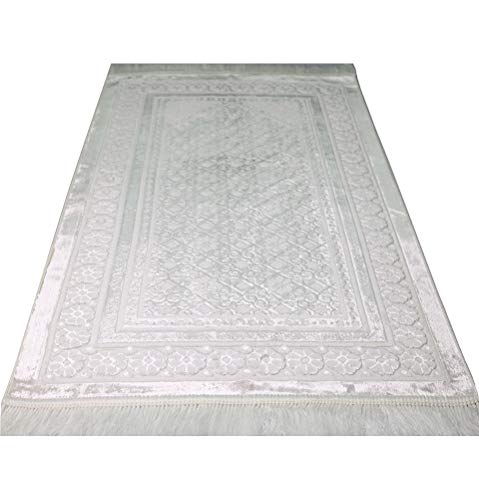 Modefa Velvet Prayer Rug - Soft Plush Turkish Janamaz Sajada Carpet for Men and Women - Plain Solid Prayer Mat Ramadan Eid Gift - with Prayer Beads - Luxury Floral Stamp (White) - color: White